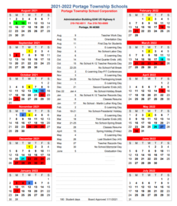 Portage Township School Calendar 2021-2022